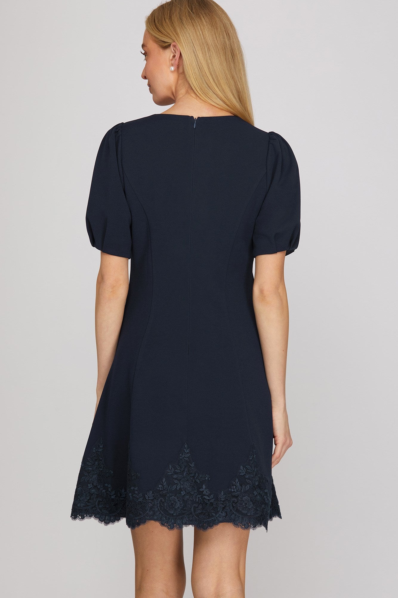 Navy Noir Lace Detailed Puff Sleeve Mini Dress