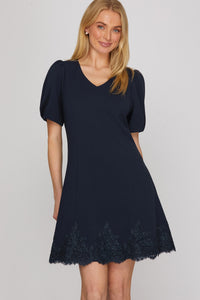Navy Noir Lace Detailed Puff Sleeve Mini Dress