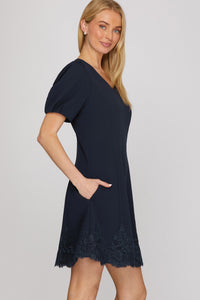 Navy Noir Lace Detailed Puff Sleeve Mini Dress