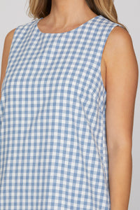 Seaside Sunday Gingham Print Mini Dress w/ Pockets - Blue