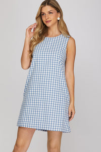 Seaside Sunday Gingham Print Mini Dress w/ Pockets - Blue