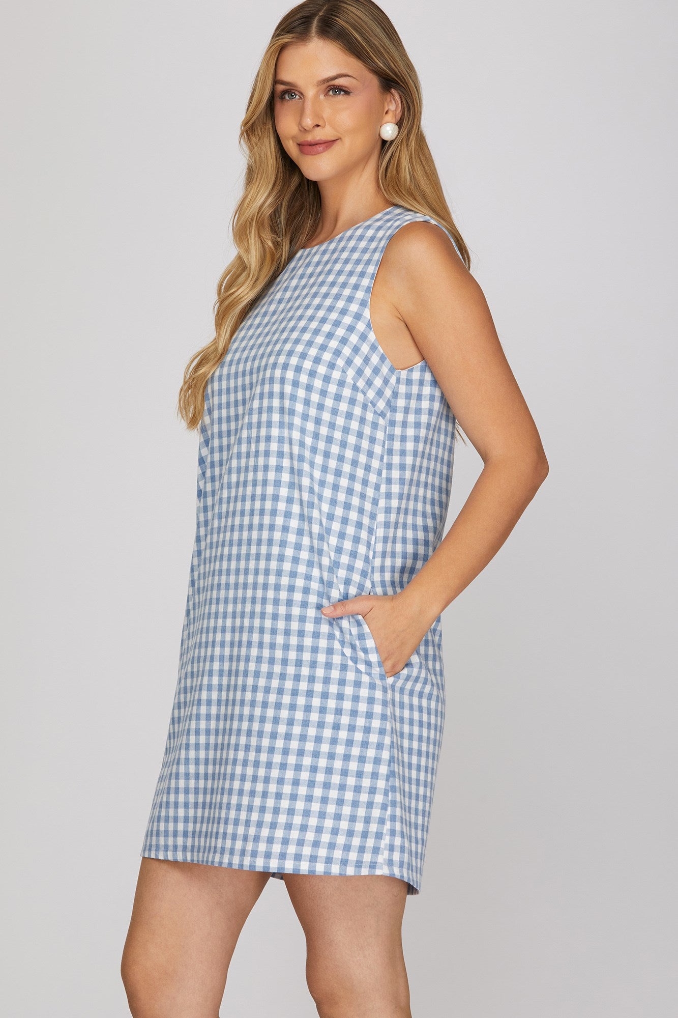 Seaside Sunday Gingham Print Mini Dress w/ Pockets - Blue
