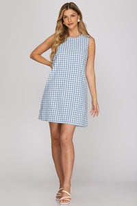 Seaside Sunday Gingham Print Mini Dress w/ Pockets - Blue