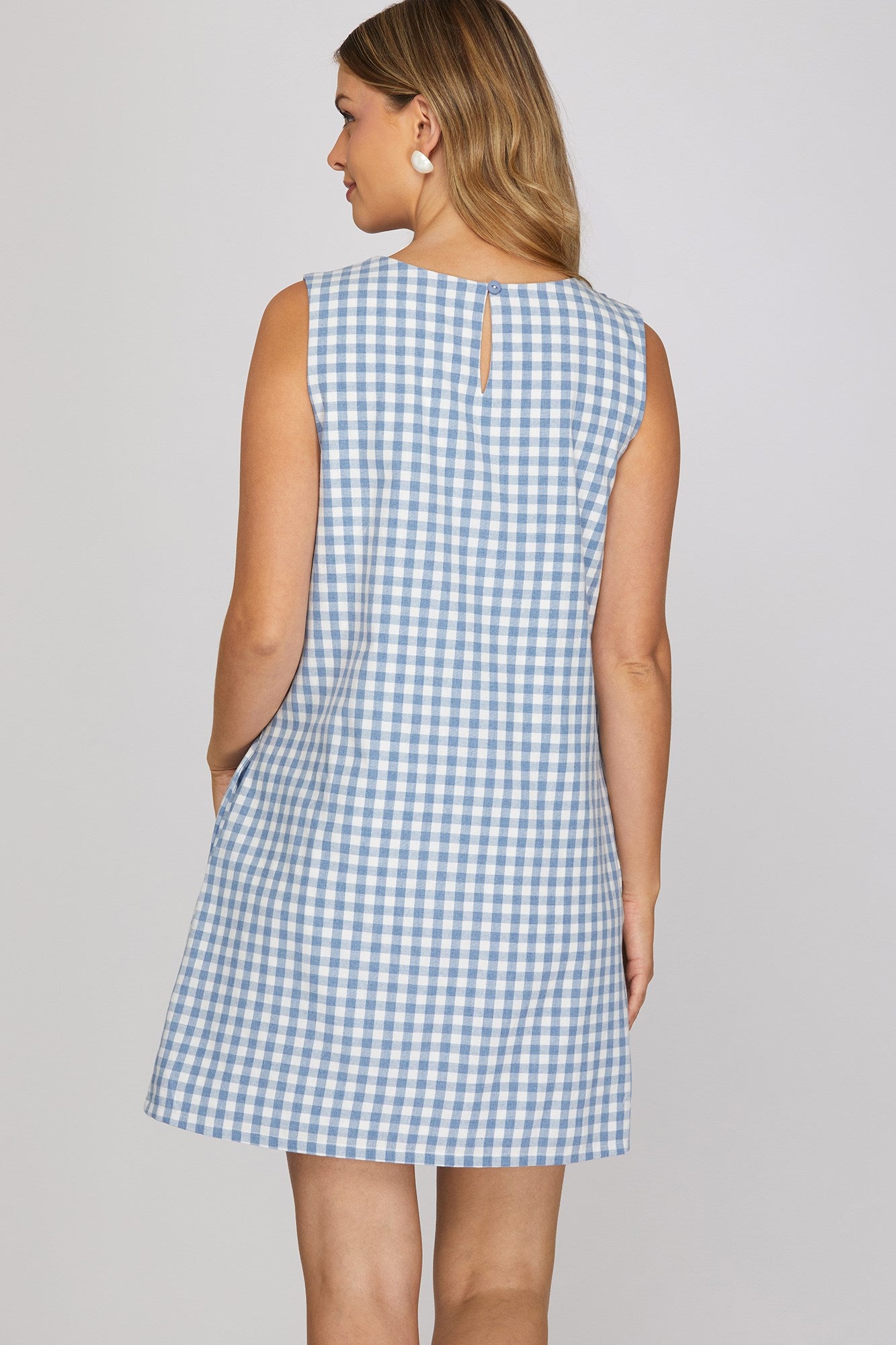 Seaside Sunday Gingham Print Mini Dress w/ Pockets - Blue
