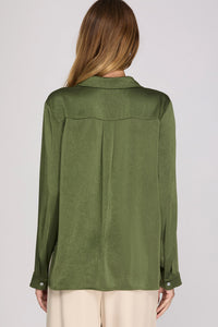Closet Staple Crinkle Satin Long Sleeve Button Up Blouse - Olive Green