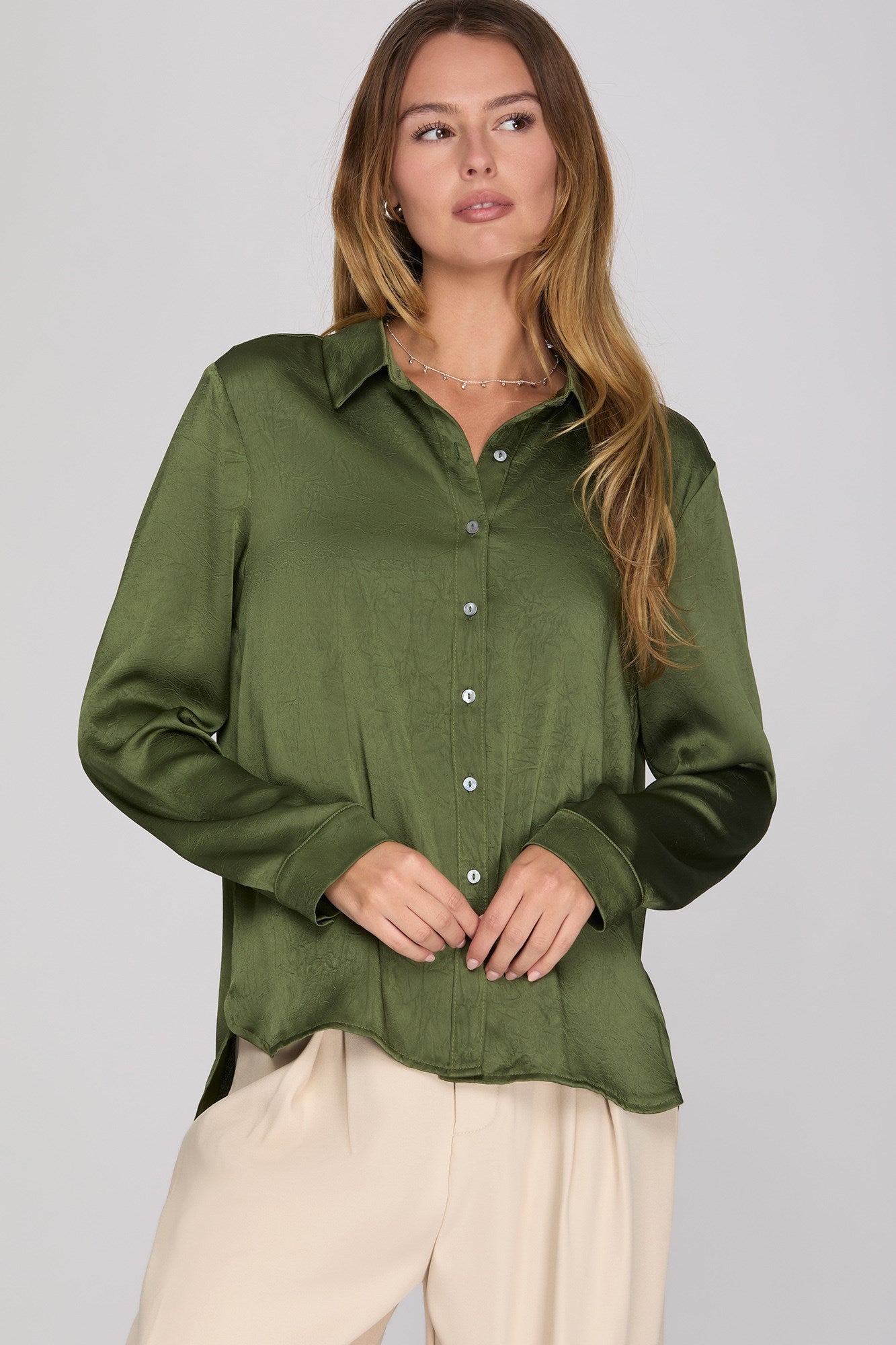 Closet Staple Crinkle Satin Long Sleeve Button Up Blouse - Olive Green