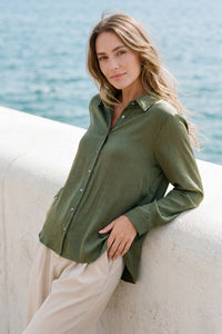 Closet Staple Crinkle Satin Long Sleeve Button Up Blouse - Olive Green