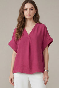 Timeless Touch V Neck Drop Sleeve Top - Fuchsia