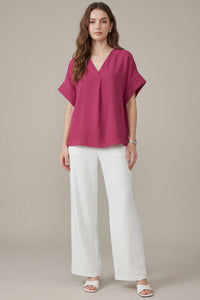 Timeless Touch V Neck Drop Sleeve Top - Fuchsia