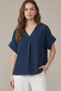 Timeless Touch V Neck Drop Sleeve Top - Indigo Navy