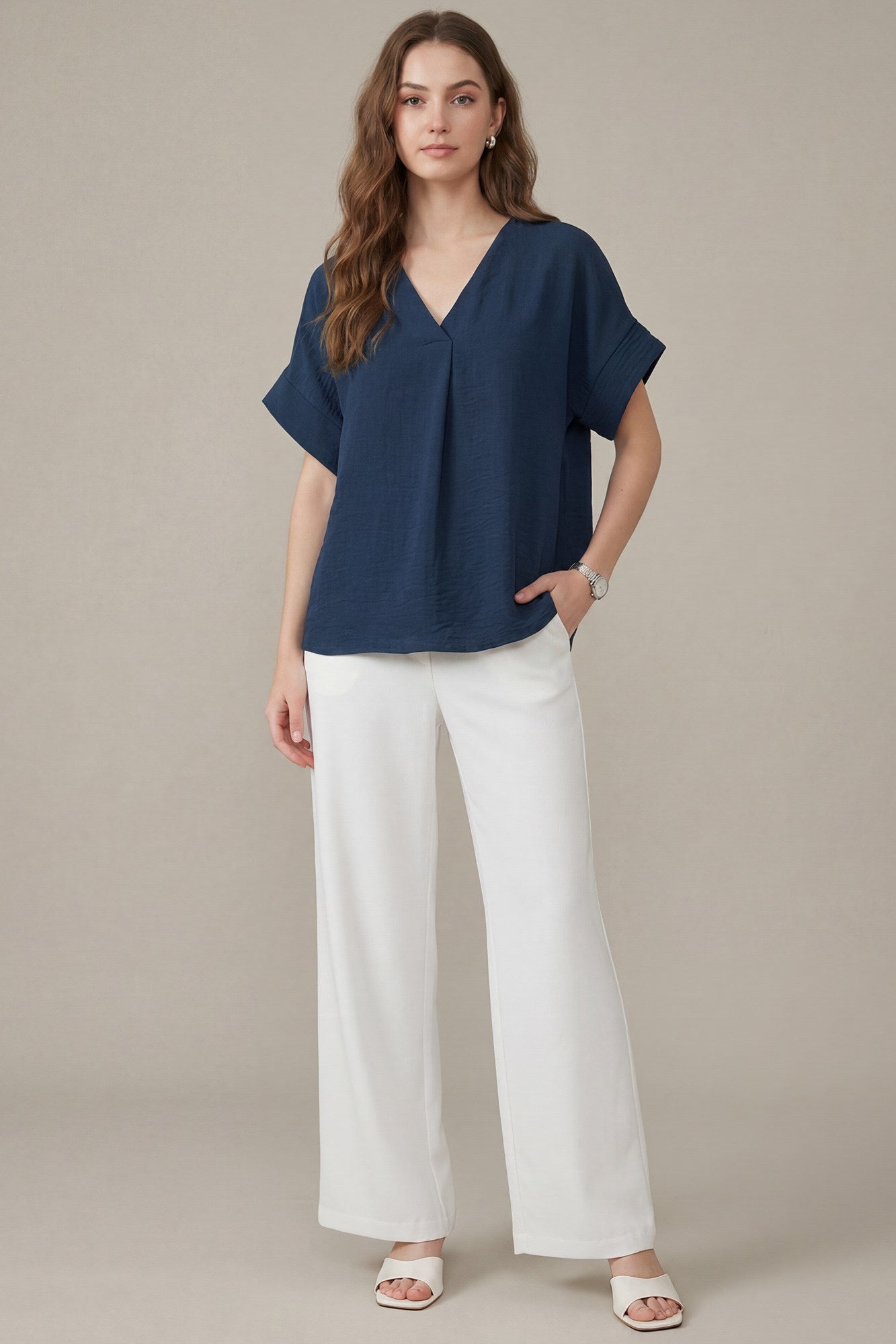 Timeless Touch V Neck Drop Sleeve Top - Indigo Navy