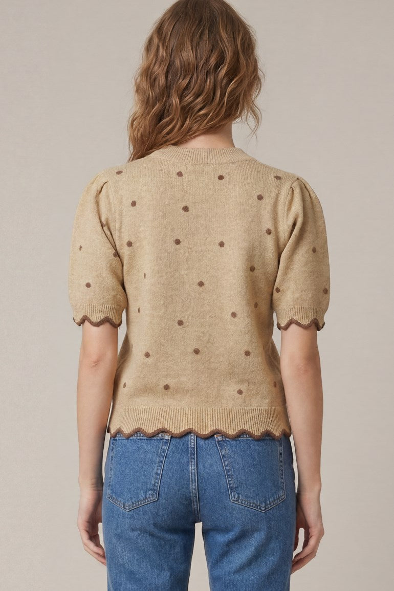 Sweet & Spotted Scallop Hem Polka Dot Print Knit Sweater Top