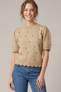 Sweet & Spotted Scallop Hem Polka Dot Print Knit Sweater Top