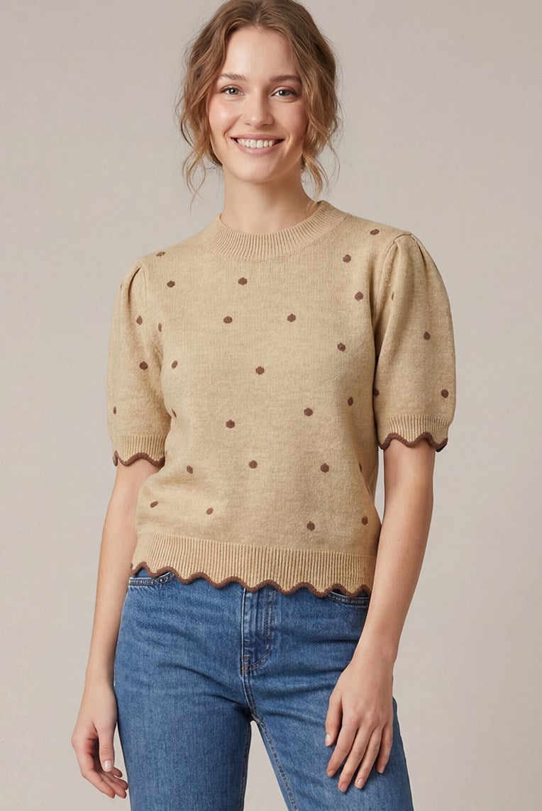 Sweet & Spotted Scallop Hem Polka Dot Print Knit Sweater Top