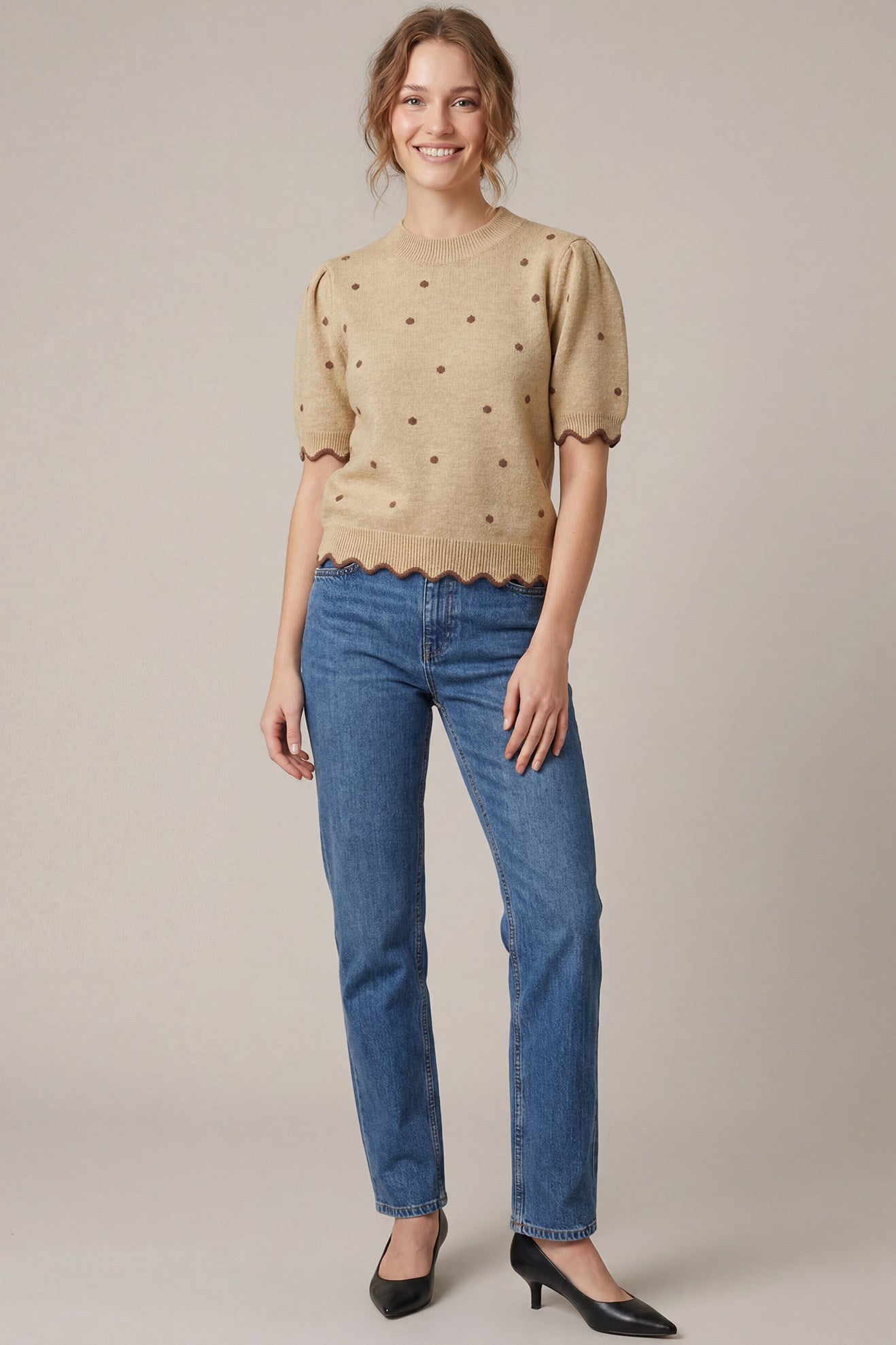 Sweet & Spotted Scallop Hem Polka Dot Print Knit Sweater Top