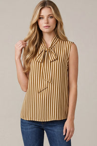 Sierra Sleek Satin Striped Sleeveless Neck Tie Blouse in Brown