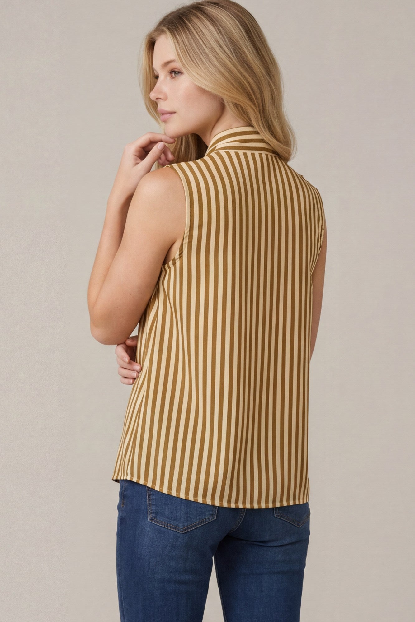 Sierra Sleek Satin Striped Sleeveless Neck Tie Blouse in Brown