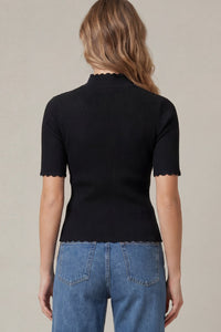 Maisie Mock Neck Scallop Hem Detail Ribbed Blouse in Black