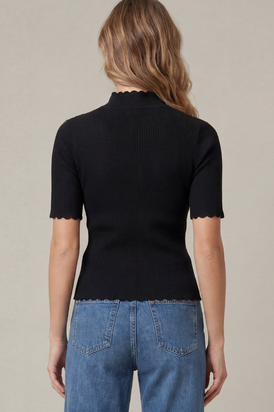 Maisie Mock Neck Scallop Hem Detail Ribbed Blouse in Black