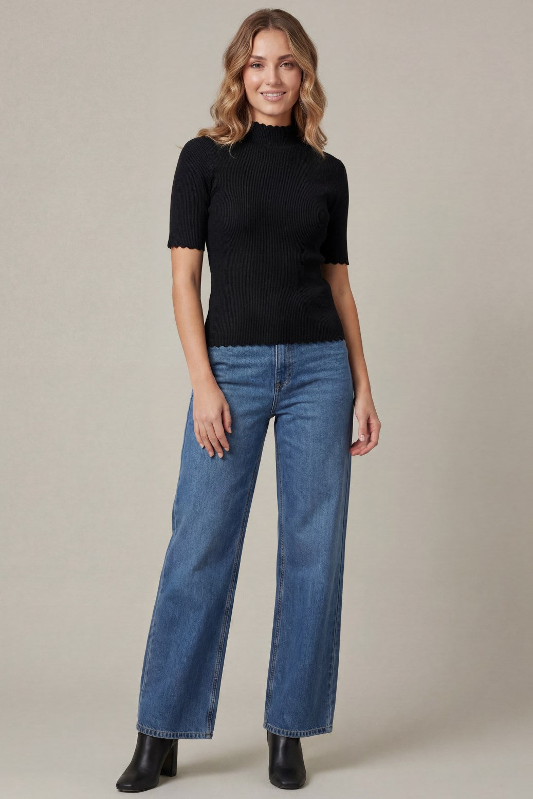Maisie Mock Neck Scallop Hem Detail Ribbed Blouse in Black