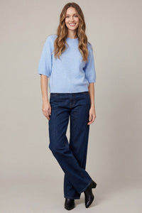 Aspen Lightweight Short Sleeve Knit Blouse in Light Blue