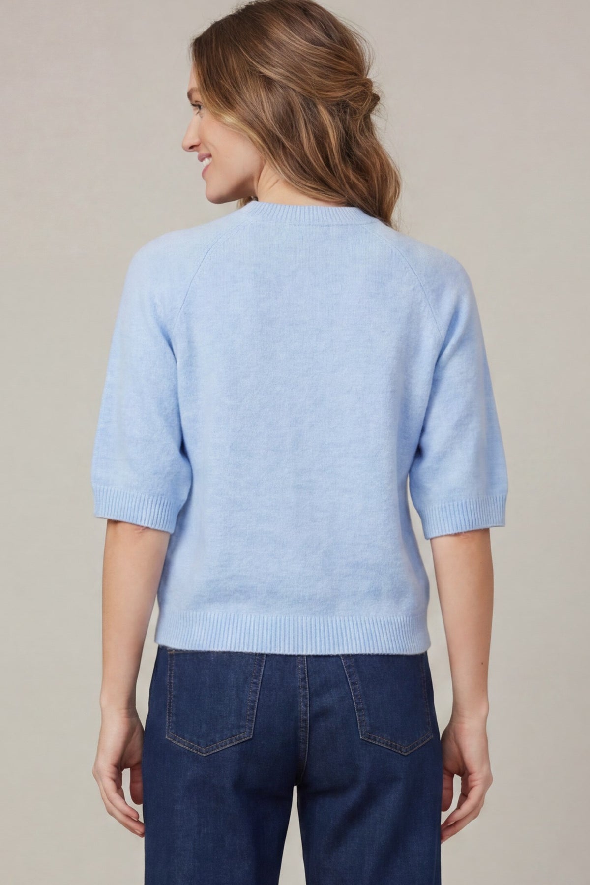 Aspen Lightweight Short Sleeve Knit Blouse in Light Blue