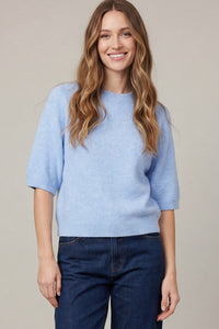 Aspen Lightweight Short Sleeve Knit Blouse in Light Blue