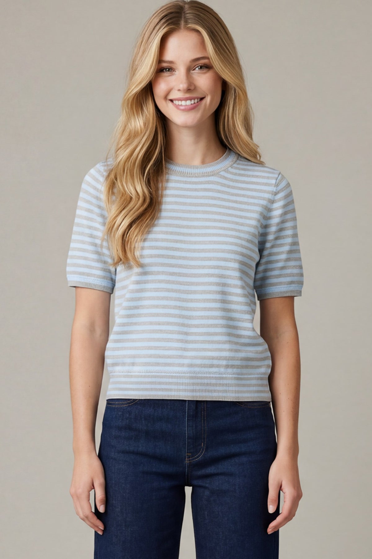 Simply Put Striped Lightweight Short Sleeve Knit Blouse - Gray/Light Blue
