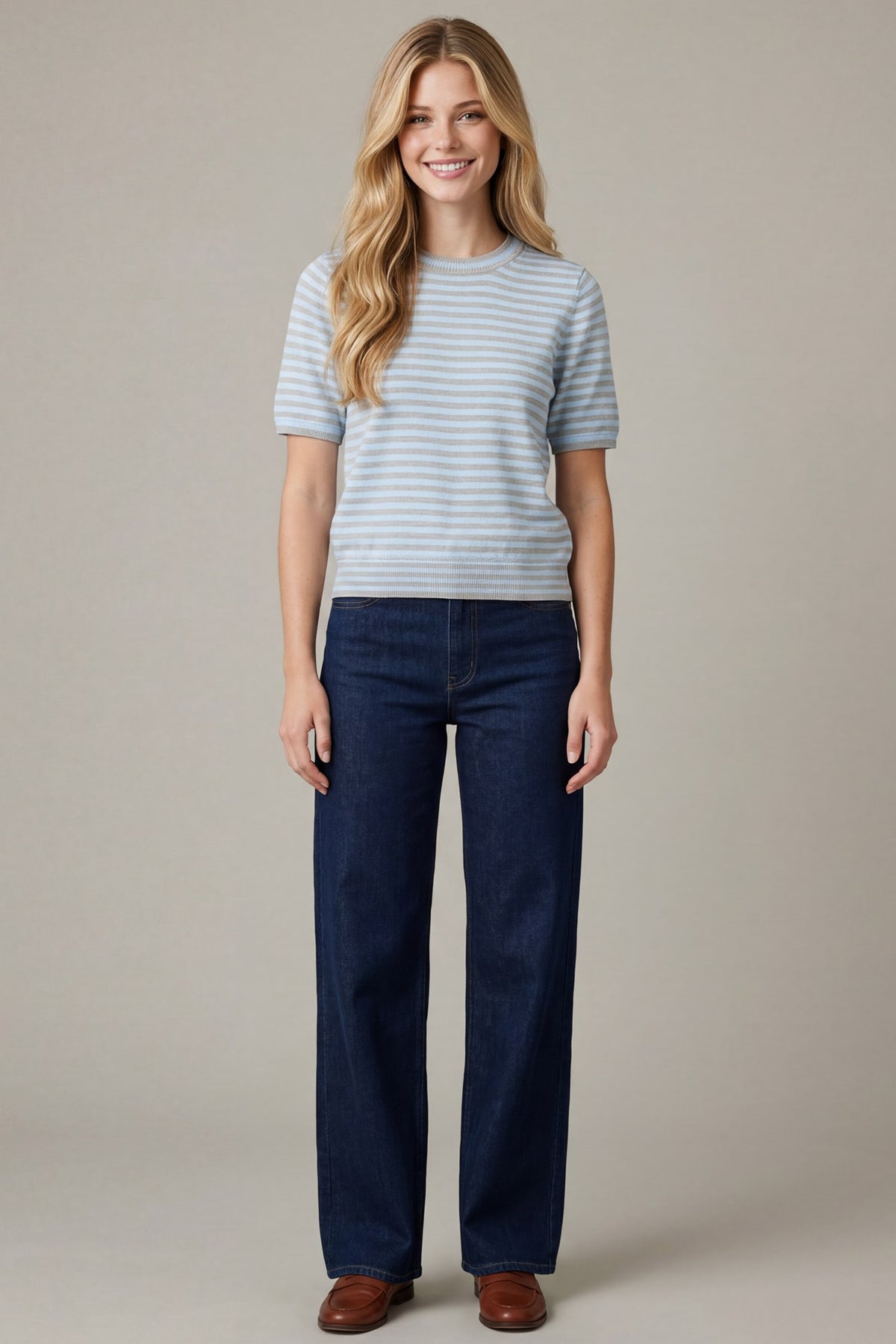 Simply Put Striped Lightweight Short Sleeve Knit Blouse - Gray/Light Blue