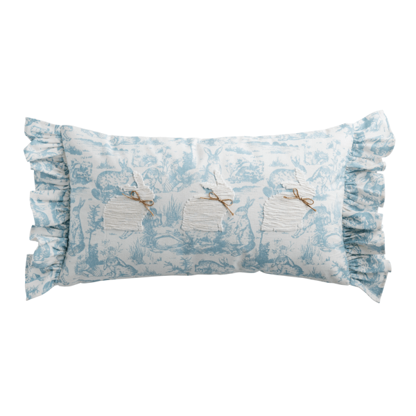 Lumbar Ruffle Trim Toile Embroidered Bunny Pillow