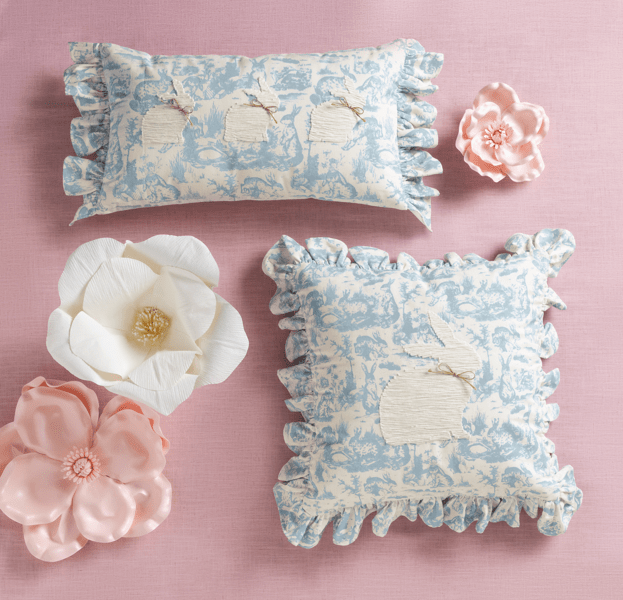 Lumbar Ruffle Trim Toile Embroidered Bunny Pillow