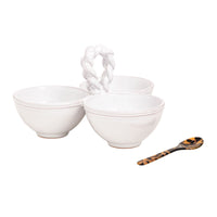 Twisted Handle Glazed Terracotta Triple Tidbit + Spoon 2-Piece Set