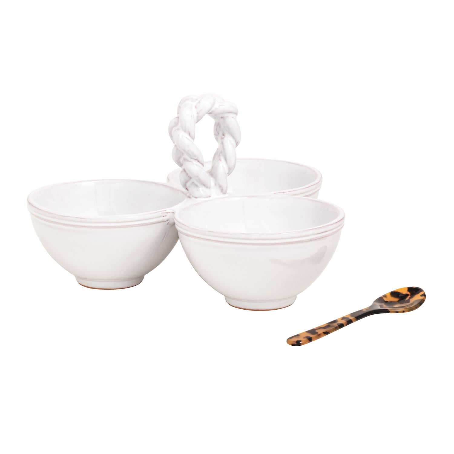Twisted Handle Glazed Terracotta Triple Tidbit + Spoon 2-Piece Set
