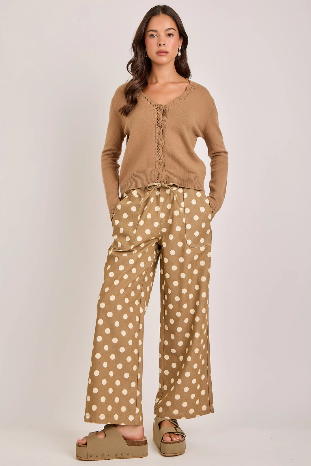 Relaxed Wide Leg Polka Dot Drawstring Pants