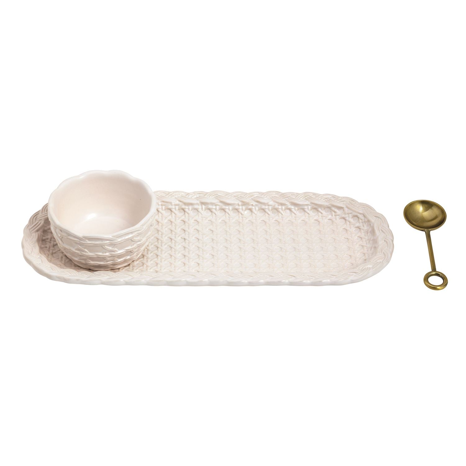 Glazed Woven Stoneware Tray + Dip 3-Piece Set