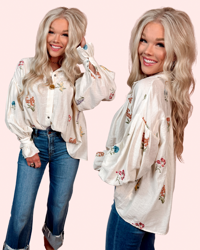 Poised in Petals Embroidered Button Up Top - Cream
