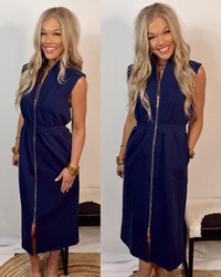 Easy & Effortless Zip Up Midi Dress - Navy