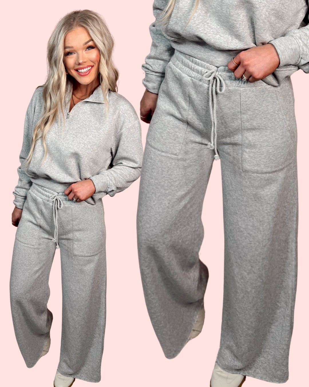 Slow Mornings Drawstring Wide Leg Pants - Heather Gray