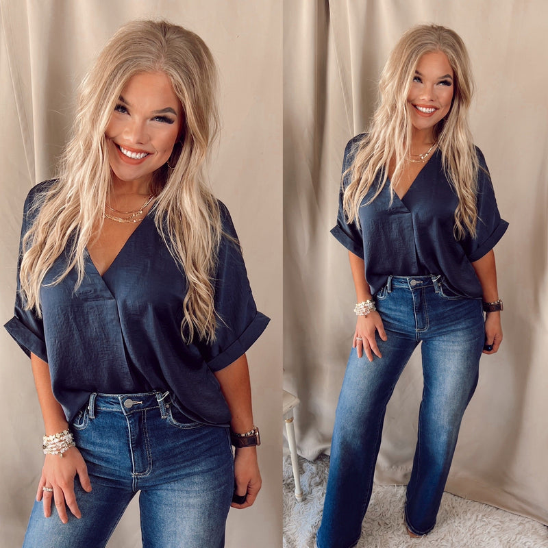 Restocked Audrina V-Neck High Low Blouse- Navy
