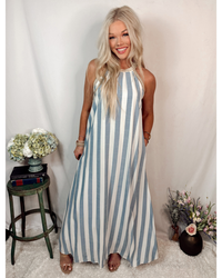 Barefoot Stripe Halter Neck Dress - Blue