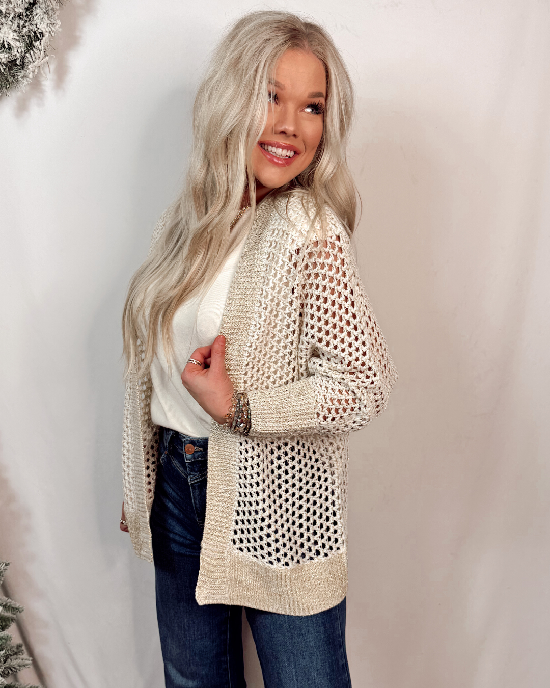 Cuddled Up In Crochet & Champagne Gold Speckled Cardigan