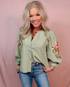 Elegant in Olive Stripes + Floral Embroidery Blouse