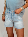 High Standard Raw Edge Light Wash Denim Shorts