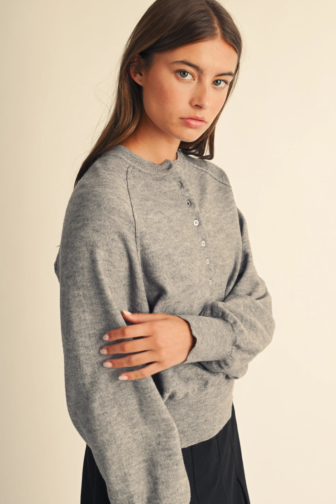Comfy Classic Knit Henley Sweater - Heather Gray