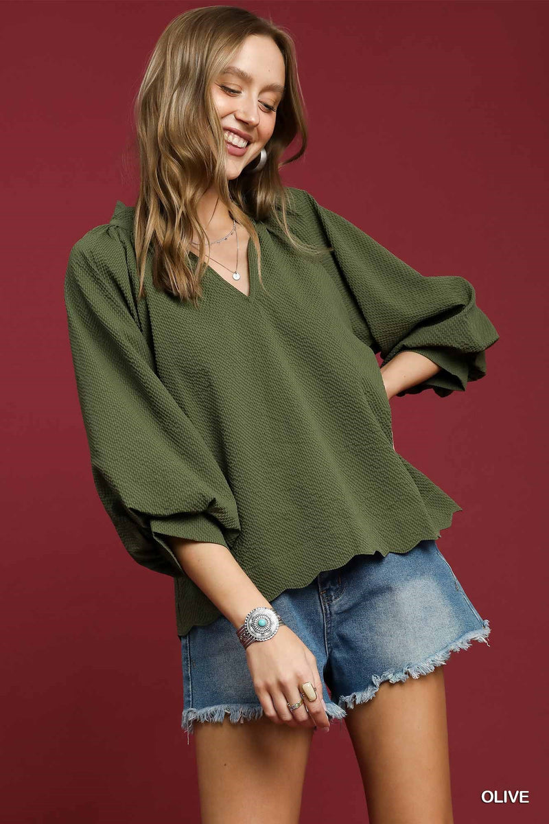 Olive Grove Scalloped Hem Textured Top - Olive