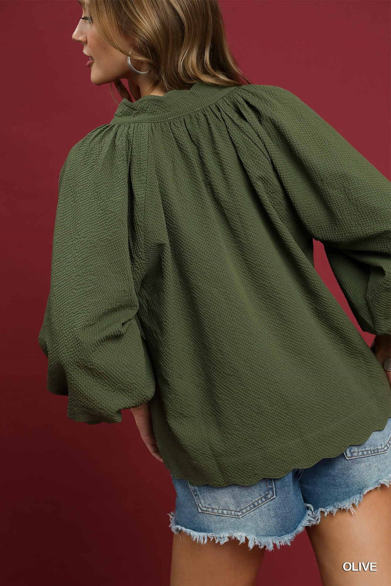 Olive Grove Scalloped Hem Textured Top - Olive