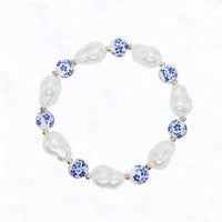 Cottage Chic Pearl + Floral Blue Beaded Bracelet