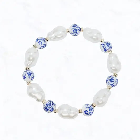 Cottage Chic Pearl + Floral Blue Beaded Bracelet