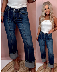 Sundown Denim Dark Wash Front Pleat Cuffed Jeans