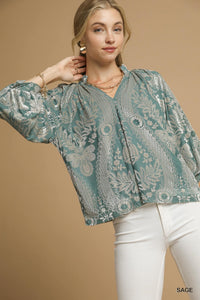 Sage Serenade Velvet Printed Raglan Top